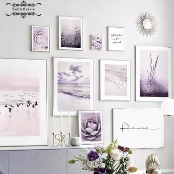 Картина на холсте, фиолетовый цветок пиона, сочная чайка, морская стена, художественные постеры, фотографии для современной гостиной, домашний декор, принты 21*30cm