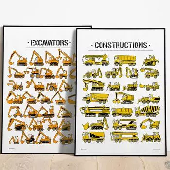 Картина на холсте Грузовики Автомобиль Настенная печать Плакаты Экскаватор Детская Строительная техника Декор Настенный плакат для детской комнаты для мальчика 21x30cm No Framed