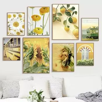 Картина на холсте Лимонная хризантема Подсолнух Двери поезда Окна Ностальгическая деревня Плакаты и принты Настенное искусство Декор комнаты 21X30cm No Frame