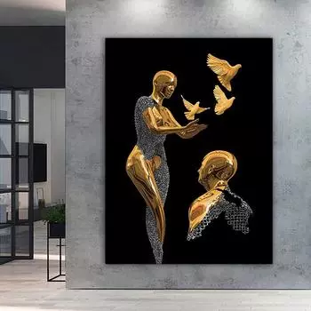 Картина на холсте «Любовные пары» с бронзовой блестящей текстурой, 3D-вид, Настенный декор, постеры и принты для современной гостиной, домашний декор 21X30 cm No Frame