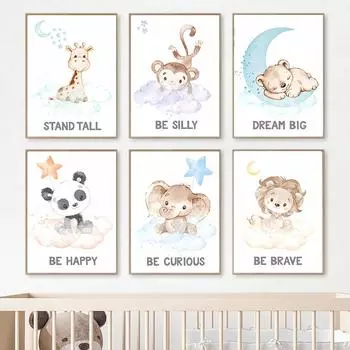 Картина на холсте милый жираф лев слон обезьяна облако звезда постер печать детская скандинавская настенная живопись картина декор детской комнаты 21X30cm No Frame