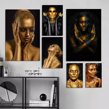 Картина на холсте, настенная картина, модная Африка, золотые, черные женские постеры, принты, произведения искусства для скандинавского модульного домашнего декора гостиной 21cm30cm NoFrame