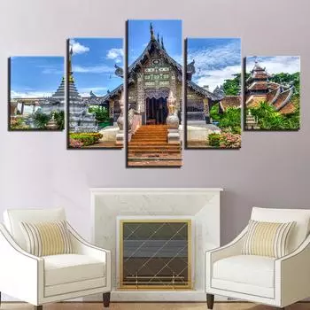 Картина на холсте, настенная живопись, HD-печать, плакат, 5 шт., Старый храм, замок в Чиангмае, фотографии для гостиной, дома, декоративные рамки, без рамки 20x35cm*2 20x45cm*2 20x55cm*1