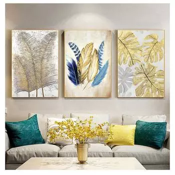 Картина на холсте, настенные панно для гостиной, скандинавские абстрактные декоративные картины, современный декор, золотые перья, листья, настенное искусство 21cm30cm NoFrame