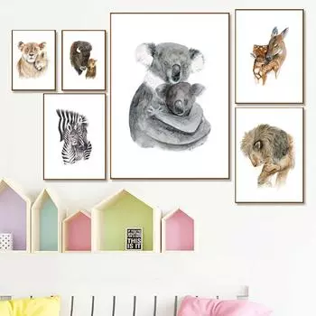 Картина на холсте Объятие Зебра Лев Слон Коала Пятнистый олень Детская Настенная Художественная Печать Скандинавский Плакат Настенные Картины Детская Комната Декор Без Рамки 21*30cm No Frame