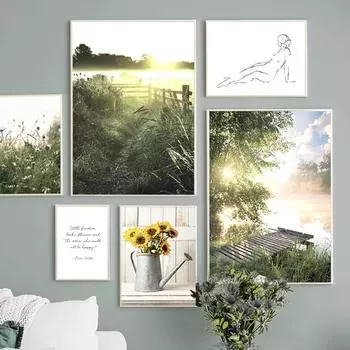 Картина на холсте «Подсолнух, одуванчик, ромашка», принты «Весеннее поле, река», постер с изображением женского тела, эскизная линия, настенный декор, искусство для гостиной 21X30cm No Frame