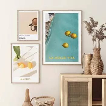 Картина на холсте, постер La Dolce Vita, настенные панно с лимонным бассейном, скандинавский винтажный итальянский летний синий цвет, искусство для гостиной 21x30cm No Framed