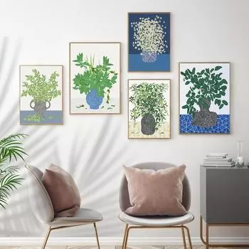 Картина на холсте, постер, скандинавский винтажный ретро-зеленый лист, цветы, настенная картина, художественная гостиная, студия, интерьер, домашний декор 21x30cm No Framed