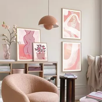 Картина на холсте розовый, красный, абстрактная линия, ваза для цветов, постеры и принты, домашний декор для гостиной, настенные художественные фотографии 21X30cm No Frame