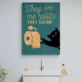 Картина на холсте с изображением кота для ванной комнаты, настенная живопись для туалета, черный кот, она видела меня, цитаты Роулинг, печатный постер 21cm30cm NoFrame