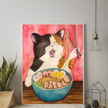 Картина на холсте с изображением кота Рамен в японском стиле, японская еда, лапша, постер и принты, настенная картина для украшения кухни и ресторана 21x30cm No Framed