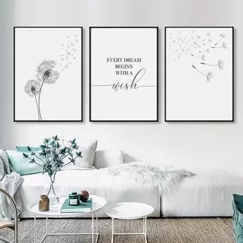 Картина на холсте с изображением одуванчика Загадай желание Плакат с изображением одуванчика Скандинавский стиль Минималистский декор для гостиной и спальни Домашний декор 21*30cm No Frame