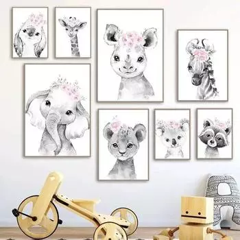 Картина на холсте с изображением слона, розовый цветок пиона, животные, принты, постеры, холст для детской комнаты для девочек, настенная живопись, фотографии для комнаты, декор 21cm30cm NoFrame