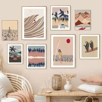 Картина на холсте с изображением волны серфера, плывущей женщины, принты, абстрактный пейзаж, пляж, плавание, постеры, домашнее искусство, декор, картины для гостиной 21x30cm No Framed красный