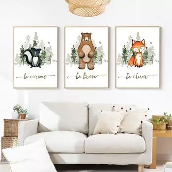 Картина на холсте с лесом и животными, детский постер, художественный принт, скандинавский детский декор для детской спальни, мультяшная настенная картина 21*30cm