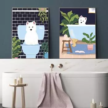 Картина на холсте с мультяшной собакой, сидящей в туалете и ванне, с животными и растениями, настенные художественные фотографии, современный винтажный постер, домашний декор для ванной комнаты 21cm30cm NoFrame