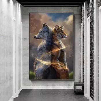 Картина на холсте с животными, тигр и волк, стоящие спиной к спине, современная настенная художественная картина для гостиной, домашний декор, плакат и принты 21*30cm