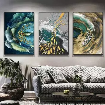 Картина на холсте с золотым пером, большой синий постер, зеленая печать, роскошная настенная живопись, гостиная 21*30cm No Frame