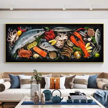 Картина на холсте со свежей рыбой и морепродуктами, настенное искусство, морская рыба, лобстер, кальмар, постеры и принты для декора гостиной 20x60cm No Framed