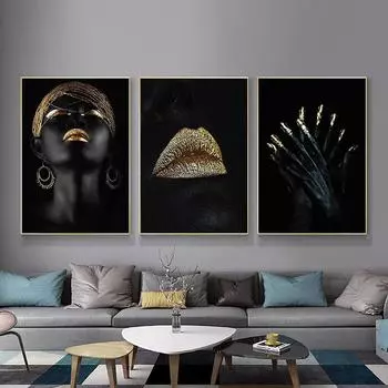 Картина на холсте, современная сексуальная черная женщина, золотые губы, портретные постеры и принты, настенное искусство для гостиной, домашний декор 21cm30cm NoFrame