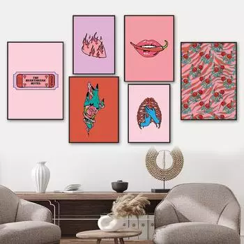 Картина на холсте в розовом стиле, традиционные татуировки, сверкающее искусство, эстамп, скандинавская абстрактная настенная художественная картина 21cm30cm NoFrame