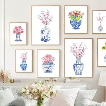 Картина на холсте в скандинавском минималистском стиле, сине-белая фарфоровая живопись, акварельные постеры и принты для гостиной, без рамки 21*30cm No Frame