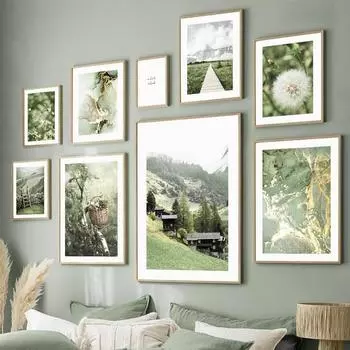 Картина на холсте в стиле скандинавского искусства Белый цветок Одуванчик Зеленый горный дом Плакат для дома Гостиная Стена Фон Картина Декор 21*30cm No Frame