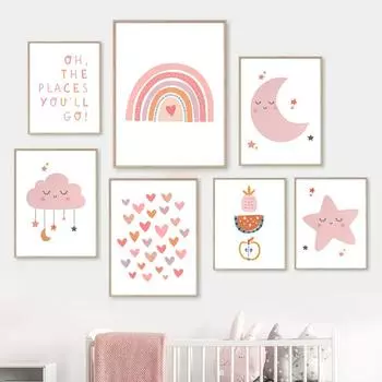 Картина на холсте Звезда Луна Радуга Облако Вдохновляющие Плакаты Печать Детские Скандинавские Детские Настенные Картины Декор Детской Комнаты Для Девочек 21X30cm No Frame