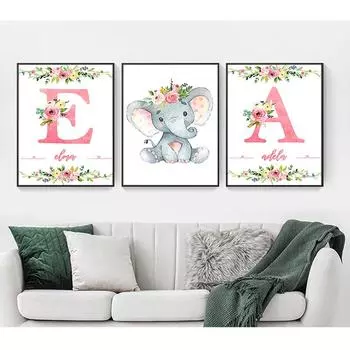 Картина на стену, художественные фотографии для девочки, декор комнаты, скандинавский плакат, индивидуальное имя, плакаты и принты, цветы, слон, детская комната, холст 21cm30cm NoFrame
