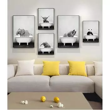 Картина на стену в детскую, скандинавская картина, декор детской комнаты, детское животное в ванне, плакат, панда, жираф, слон, лев, свинья, корова, холст, без рамки 21*30cm