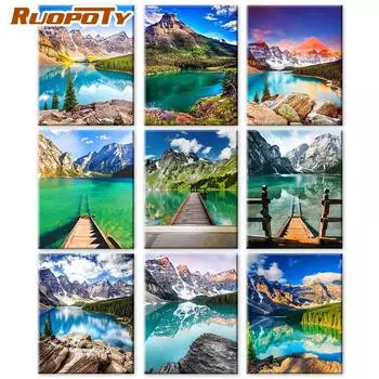 Картина по номерам RUOPOTY, горный пейзаж, ручная роспись, настенное искусство, уникальный подарок, рамка «сделай сам», краска по номерам, озеро для гостиной 40x50cm NO Frame
