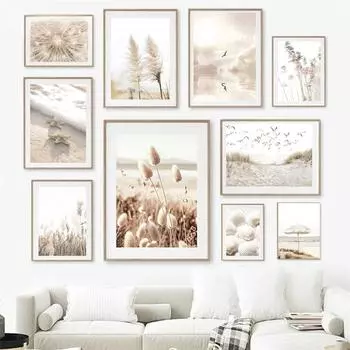 Картина с изображением пейзажа на озере и пляже, настенная живопись, богемный бежевый, трава, цветок, тростник, постер и печать, декор для дома и гостиной 21x30cm No Framed