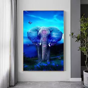 Картина с изображением животных на холсте Слон в синих цветах Пейзаж Современная настенная художественная картина для гостиной Домашнее украшение Безрамное 21*30cm