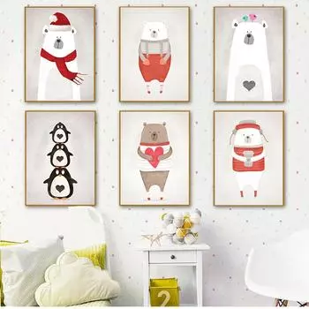 Картина с принтом для детской комнаты, домашний настенный декор, скандинавские милые животные, бегемот, пингвин, белый медведь, портрет A4 A3 A2, холст, художественный постер 21cm30cm NoFrame
