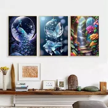 Картина со стразами 5D Павлин Пейзаж Полная дрель Блестящие стразы Красочные DIY Художественные ремесла Ручная работа Украшение стен Горный хрусталь Мозаика Живопись Подарки A