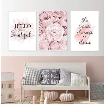 Картина Современная картина Девушка Комната Домашнее украшение Розовый пион Цветок Плакат в скандинавском стиле Модные цитаты Настенный художественный принт на холсте 21cm30cm NoFrame