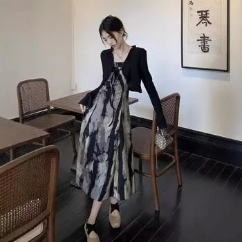 Картина тушью новое китайское ретро-национальное платье на подтяжках женское осень 2025 новое элегантное темпераментное платье-кардиган S