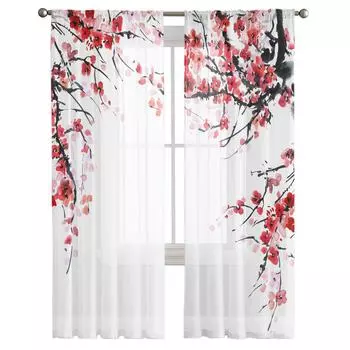 Рисунок тушью Plum Bossom Красные цветы Белый шифон Прозрачные шторы для гостиной Спальня Украшение Окно Вуаль Тюль Шторы W135 x H115cm x1