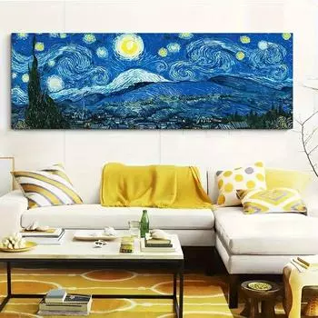 Картина Ван Гога на стене в скандинавском минималистском стиле звездное небо HD-печатный холст-постер для дома, спальни, гостиной Хиасан Камар 20x60cm