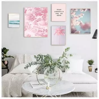 Картина вишни в цвету, скандинавский постер, скандинавский пейзаж, розовый океан, принт, настенная живопись на холсте 21cm30cm NoFrame