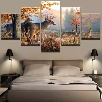 Картины на холсте, настенные художественные картины для домашнего декора, 5 шт., лесная страна чудес, животные, олени, пейзажные постеры, HD печатный PENGDA 20x35cm*2 20x45cm*2 20x55cm*1