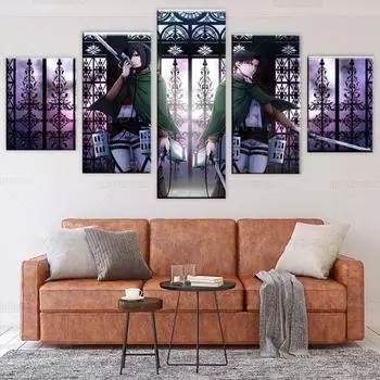 Картины на холсте, настенные художественные модульные HD-принты, аниме-плакат, 5 шт., Атака на Титанов, Леви Акерман, Микаса Акерман, картина 20x35cm*2 20x45cm*2 20x55cm*1