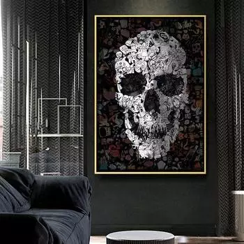 Картины с черепом, черно-белая картина на холсте, настенное искусство, постеры и принты на Хэллоуин для декора гостиной, спальни 21cm30cm NoFrame