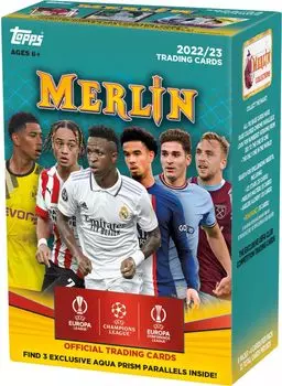 Карточка-бластер Topps Merlin Chrome UEFA Champion Soccer Card Blaster Box 2022-2023 — 32 футбольные карточки в коробке.