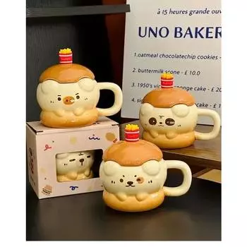 Картофель фри, бургер, керамическая кружка, милая, забавная, в форме мультяшного животного, кофейная чашка, домашняя питьевая вода, парная чашка для воды с крышкой, ложка, сувенир 301-400ml