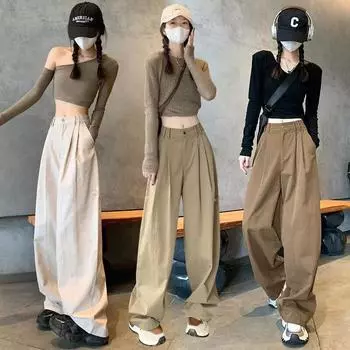 Картонно-зеленые американские рабочие брюки в стиле хип-хоп для женщин, весна и осень, новые свободные повседневные спортивные брюки с высокой талией и широкими штанинами S