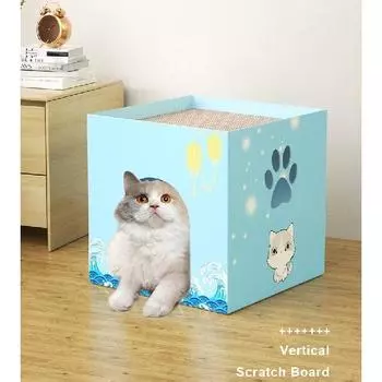 Картонный домик для кошек с двухэтажными когтеточками Игровой домик для кошек для домашних кошек Гофрированная коробка для когтеточек Игрушка для кошачьих когтеточек для кошек синий