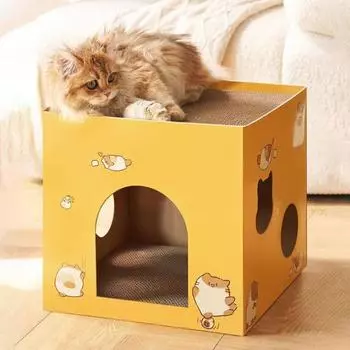 Картонный домик для кошек с когтеточкой, квадратная гофрированная коробка для кошек, прочный домик для игр и сна для домашних кошек весом до 12 фунтов S