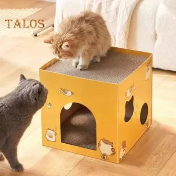 Картонный домик для кошек с когтеточкой, квадратная гофрированная коробка для кошек, прочный домик для игр и сна для домашних кошек весом до 12 фунтов S коричневый