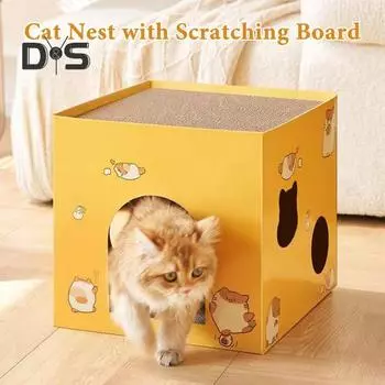 Картонный домик для кошек с когтеточкой, квадратная гофрированная коробка для кошек, прочный домик для игр и сна для домашних кошек весом до 12 фунтов S коричневый